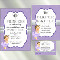 Princess Baby Shower Invite and Diaper Raffle, Lavender & Silver, Afro