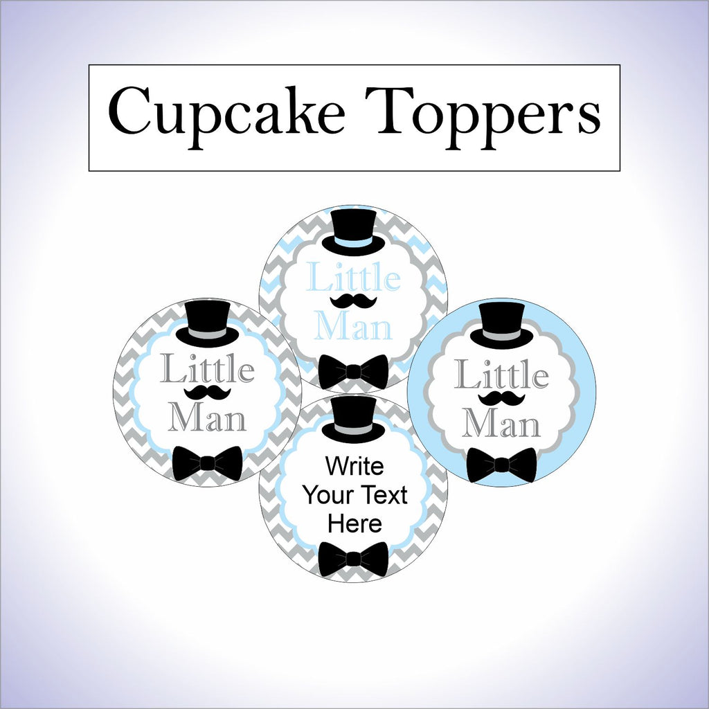 Light Blue, Gray, Black Little Man Cupcake Toppers for Baby Shower or Birthday Party