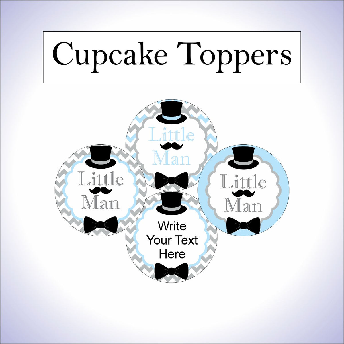 Light Blue, Gray, Black Little Man Cupcake Toppers for Baby Shower or Birthday Party