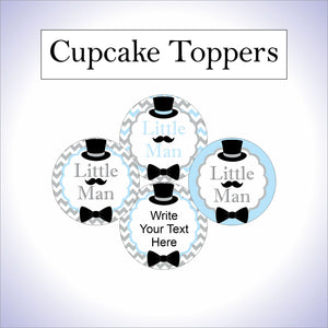 Light Blue, Gray, Black Little Man Cupcake Toppers for Baby Shower or Birthday Party