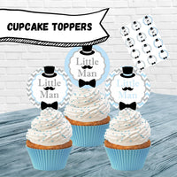 Light Blue, Gray, Black Little Man Cupcake Toppers for Baby Shower or Birthday Party
