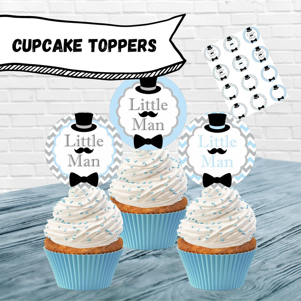 Light Blue, Gray, Black Little Man Cupcake Toppers for Baby Shower or Birthday Party