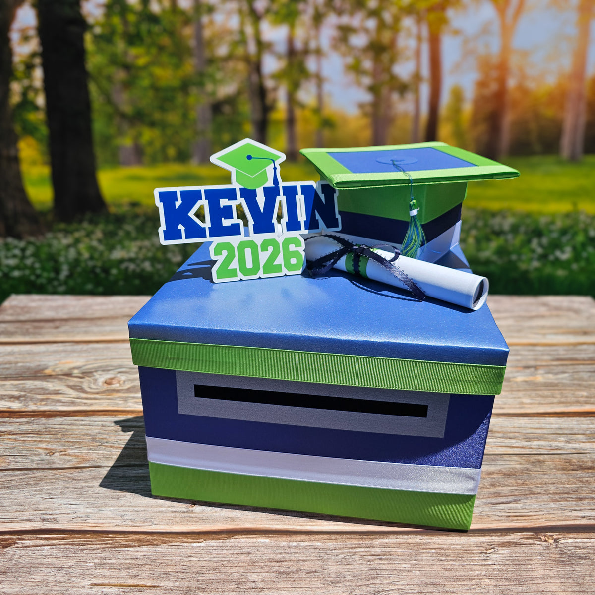 Graduation Card Box, Navy, Kelly Green, White 10x10x6