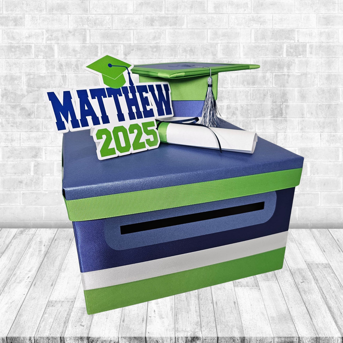 Navy, Lime Green, and White Graduation Card Box