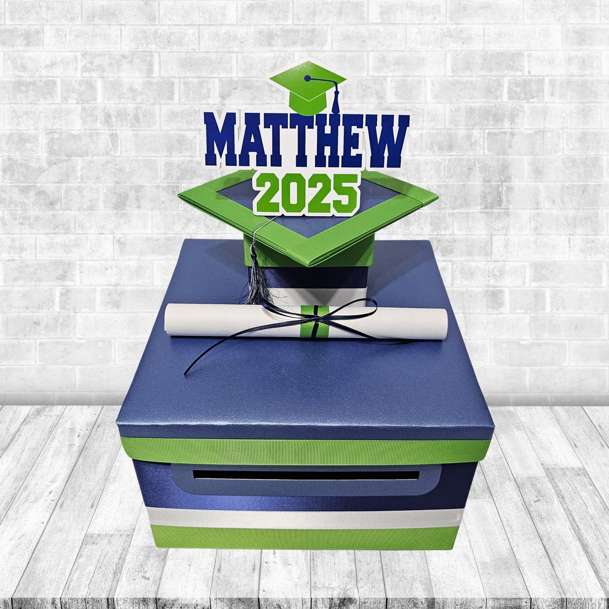 Graduation Card Box, Navy, Kelly Green, White 10x10x6