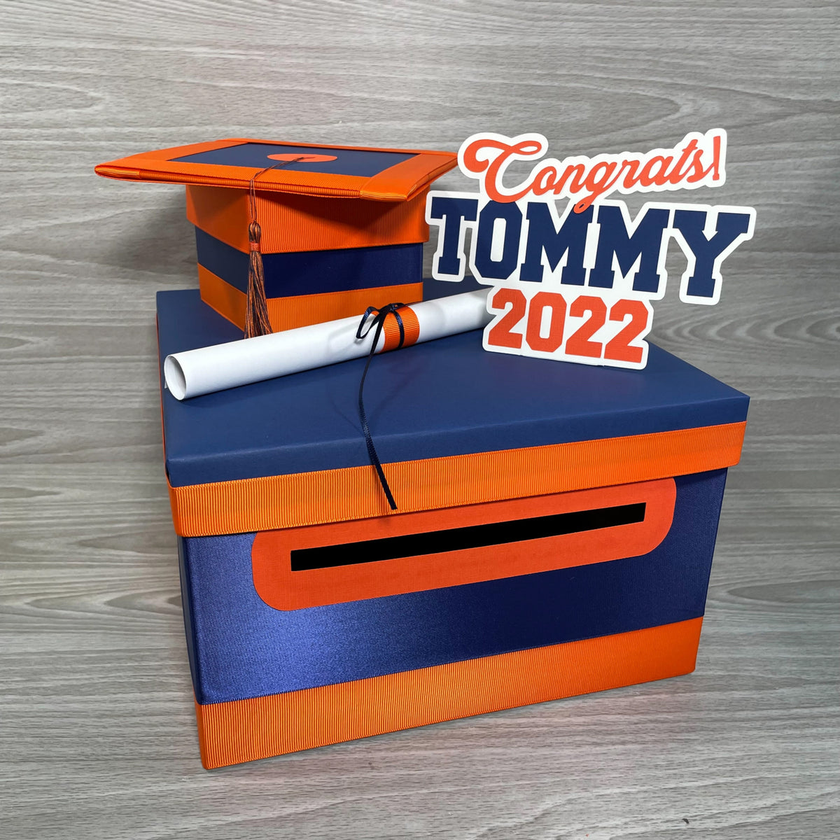 Light Navy and Orange Graduation Card Box, 10x10x6