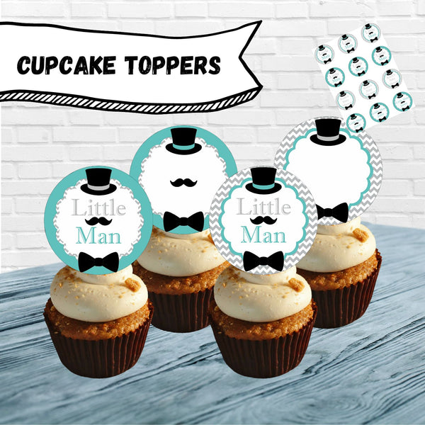 Light Teal, Gray, and Black Little Man Cupcake Toppers