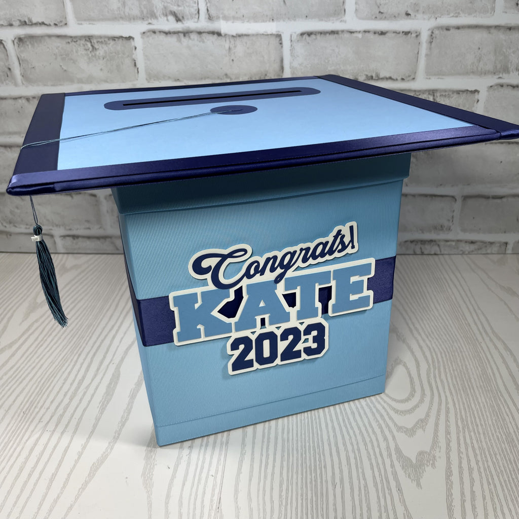 Graduation Cap Card Box - Light Blue, Navy 8x8 Style 4 | Nepheryn Party