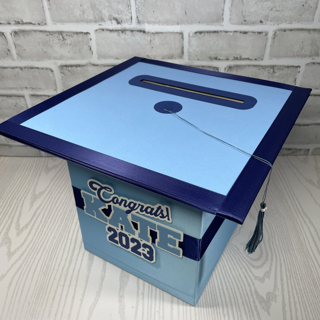 Graduation Cap Card Box - Light Blue, Navy 8x8 Style 4