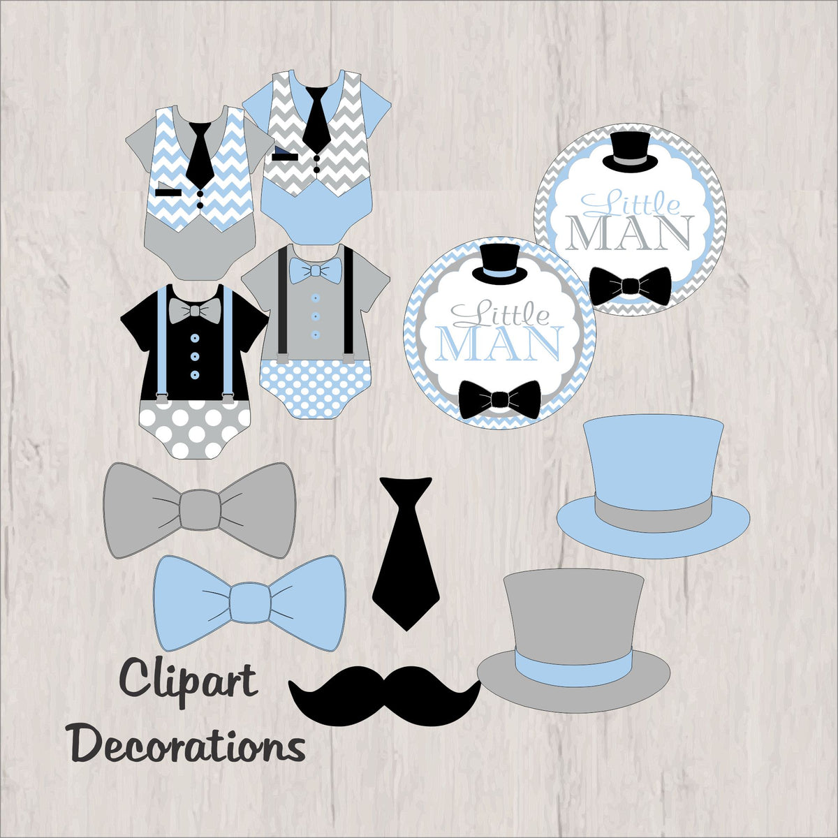 Little Man Printable Party Decorations - Light Blue, Gray, Black