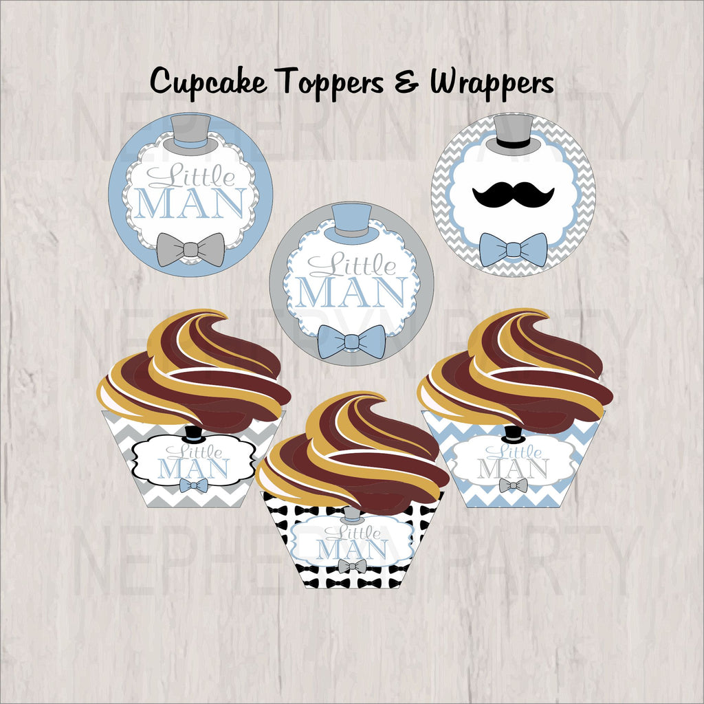 Little Man Printable Party Decorations - Light Blue, Gray, Black