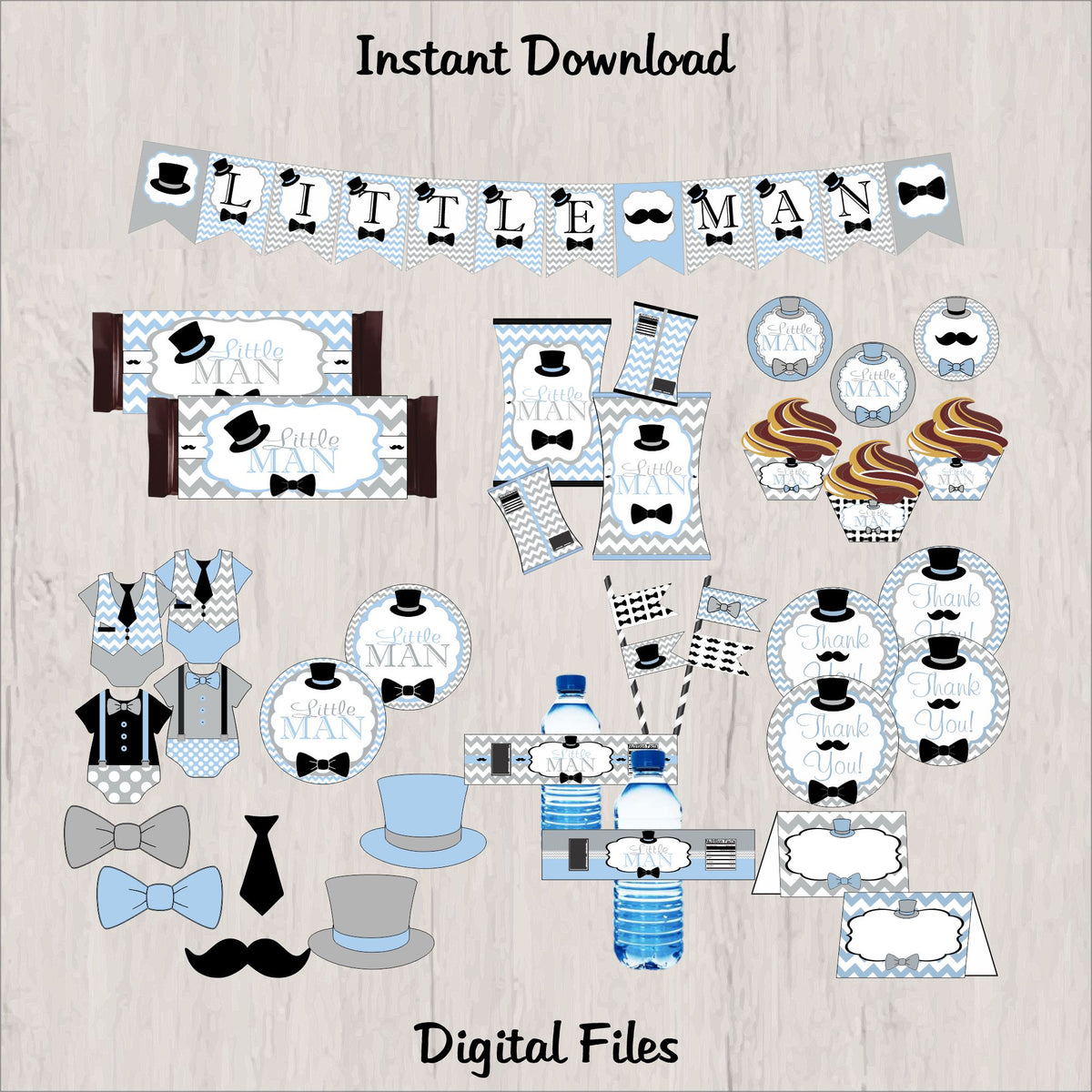Little Man Printable Party Decorations - Light Blue, Gray, Black