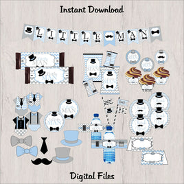 Little Man Printable Party Decorations - Light Blue, Gray, Black