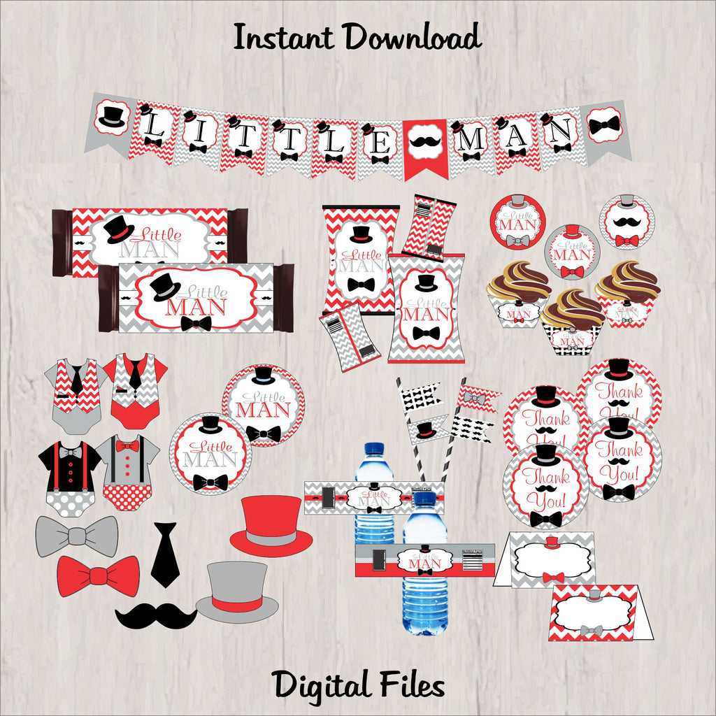 Little Man Printable Party Decorations - Red, Gray, Black