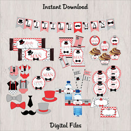 Little Man Printable Party Decorations - Red, Gray, Black