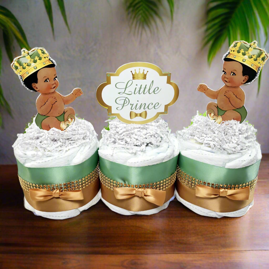 Sage Green & Gold Little Prince Mini Diaper Cake Centerpiece