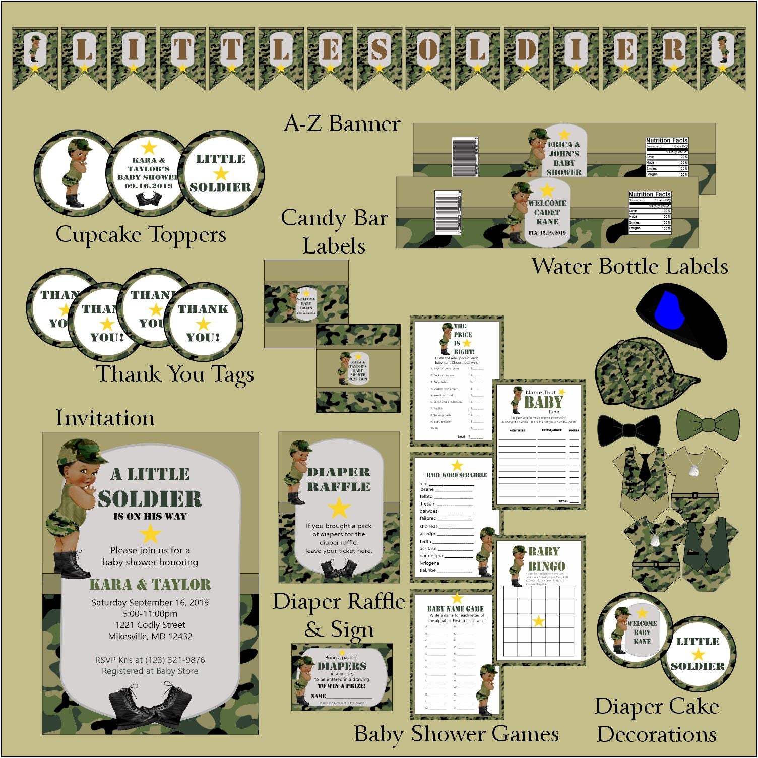Little Soldier Baby Shower Decoration Pack Green Camo