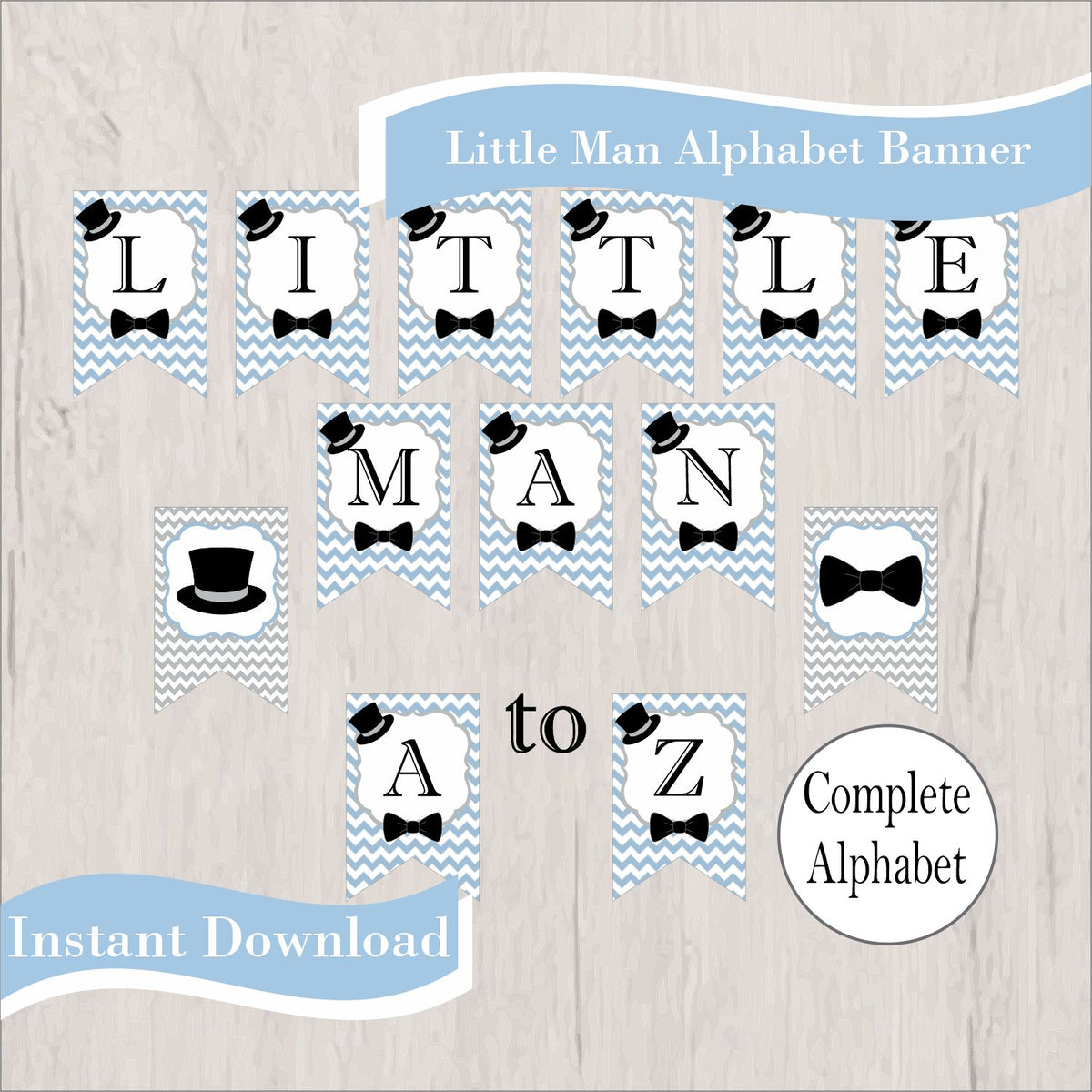 Little Man Printable Party Decorations - Light Blue, Gray, Black