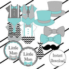 Printable Little Man Diaper Cake Toppers, Light Teal, Black, Gray