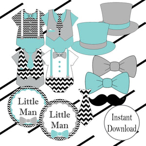 Printable Little Man Diaper Cake Toppers, Light Teal, Black, Gray