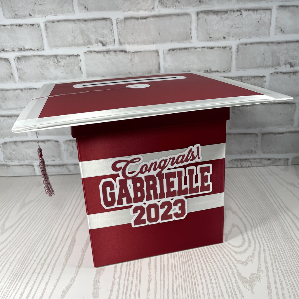 Graduation Cap Card Box - Maroon, White 8x8 Style 2 | Nepheryn Party