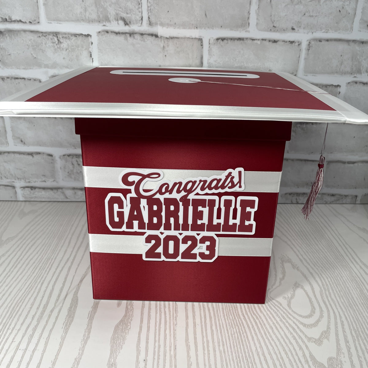 Graduation Cap Card Box - Maroon, White 8x8 Style 2
