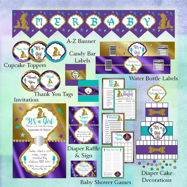 Purple, Gold, and Teal Mermaid Baby Shower Decorations
