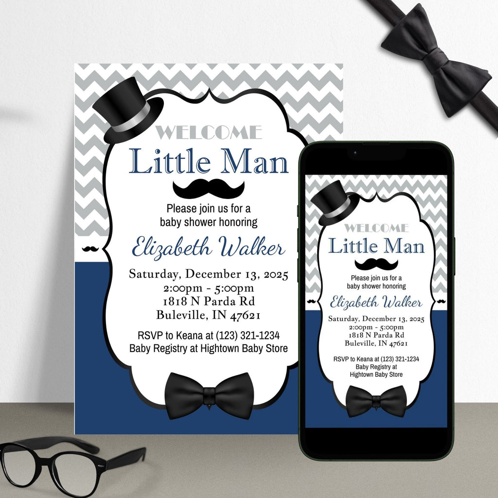 Navy and Gray Little Man Invitation Set