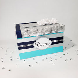 Turquoise, Navy, Silver Birthday or Wedding Card Box
