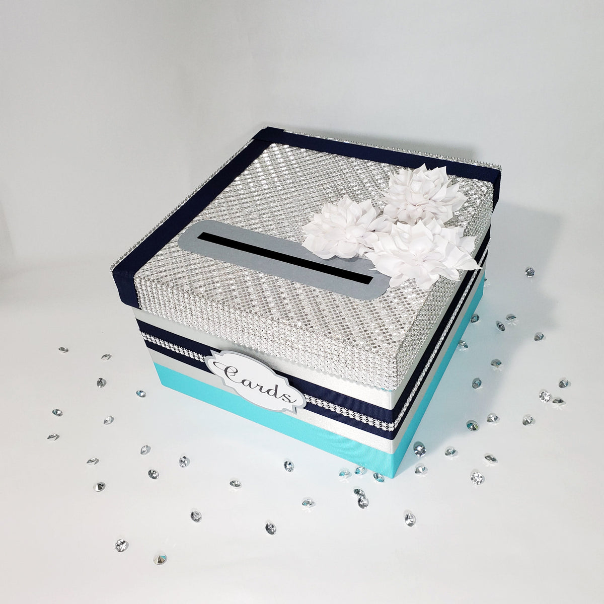 Turquoise, Navy, Silver Birthday or Wedding Card Box