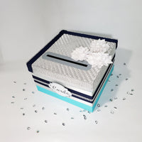 Turquoise, Navy, Silver Birthday or Wedding Card Box
