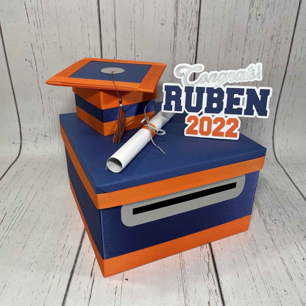 Graduation Card Box Navy, Orange, Silver 10x10 Nepheryn Party