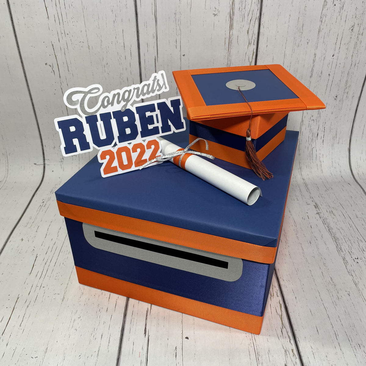 Navy, Orange, & Silver 10x10 Graduation Money Box