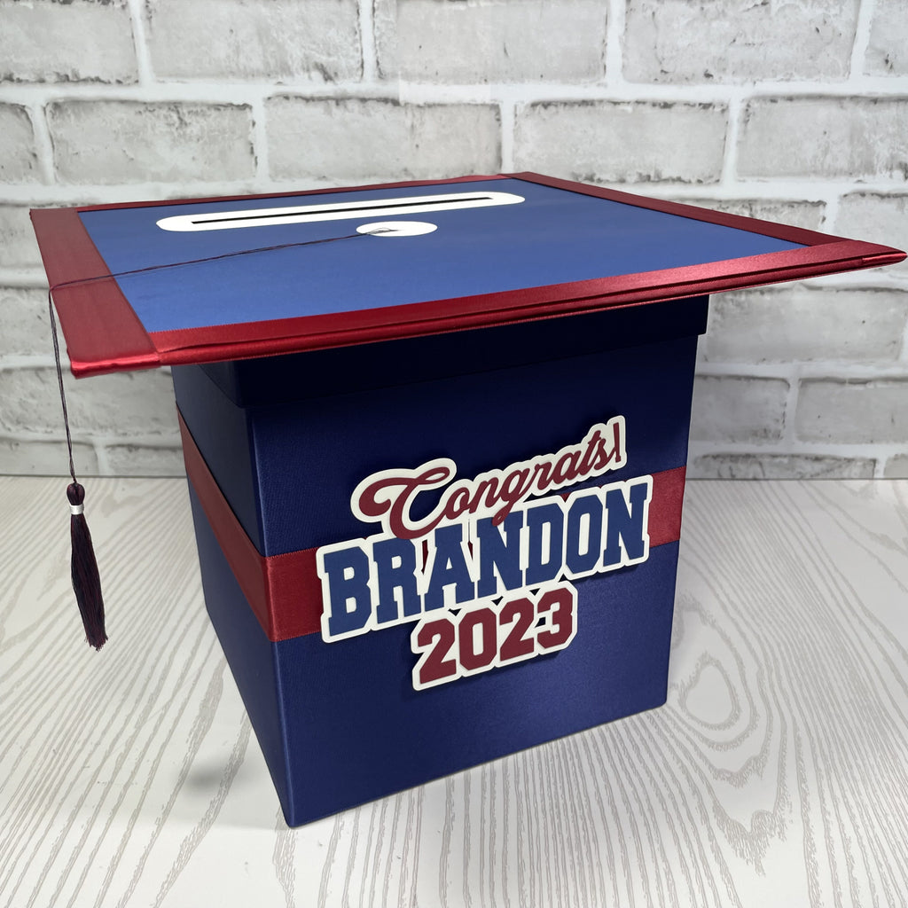 Graduation Cap Card Box - Navy, Red, & White 8x8 Style 4 | Nepheryn Party