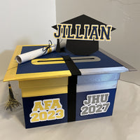 High School to Graduation Card Box, 10x10 - Blue, Yellow, Silver