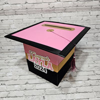 Graduation Cap Card Box - Pink, Black, Old Gold 8x8 Style 5
