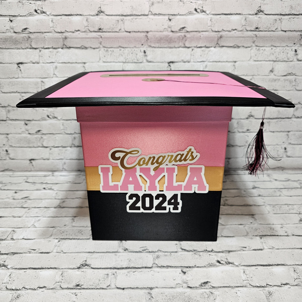 Graduation Cap Card Box - Pink, Black, Old Gold 8x8 Style 5| Nepheryn Party