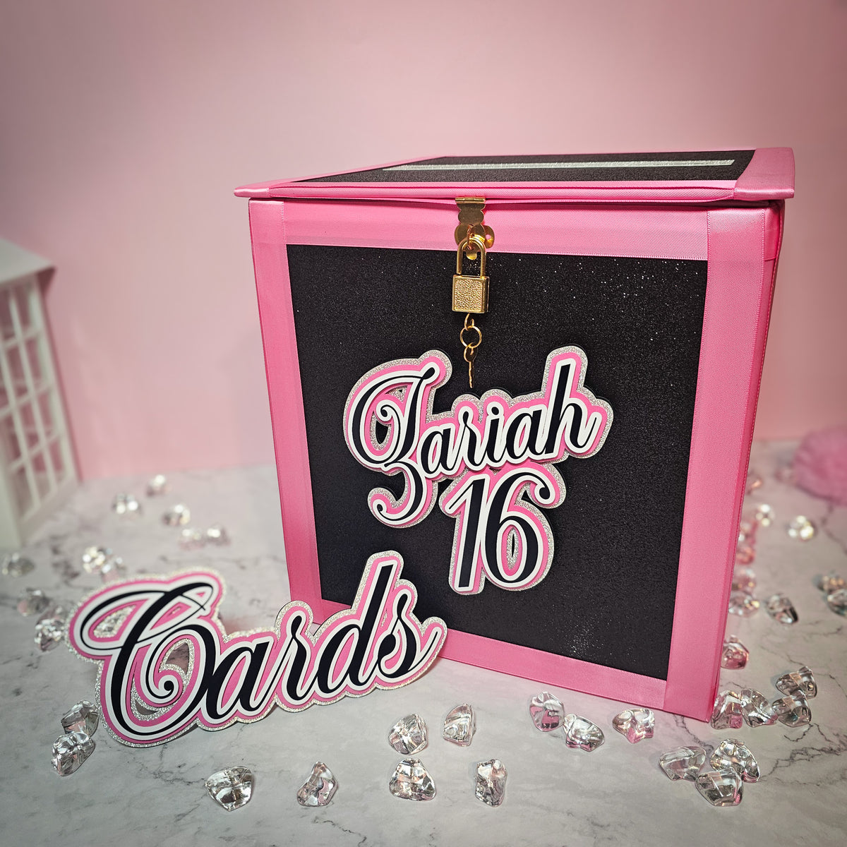 Black, Pink, and Silver Locking Birthday Card Box