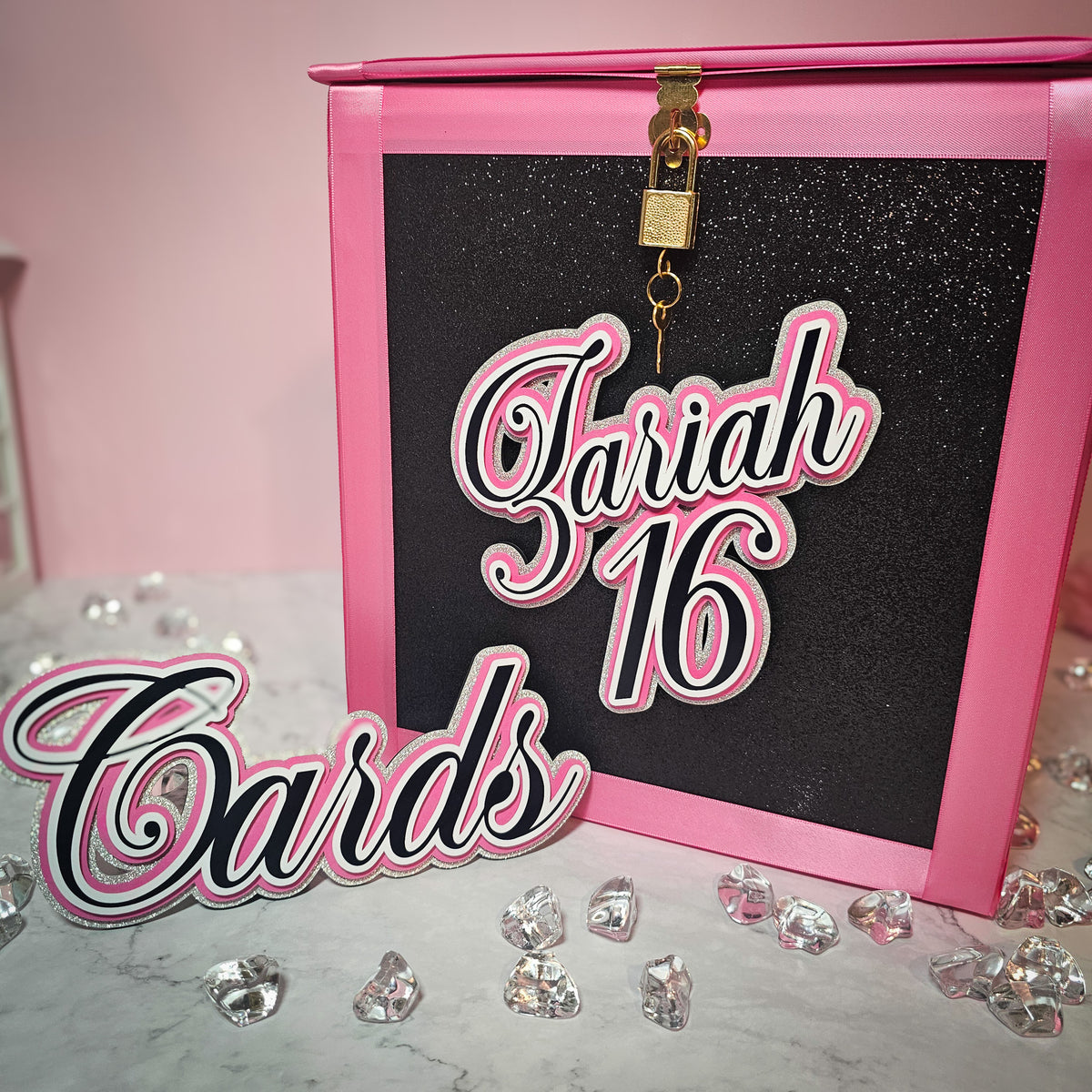 Black, Pink, and Silver Locking Birthday Card Box