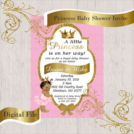 Pink & Gold Little Princess Baby Shower Invite, Brown