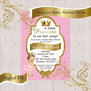 Pink & Gold Little Princess Baby Shower Invite, Brunette
