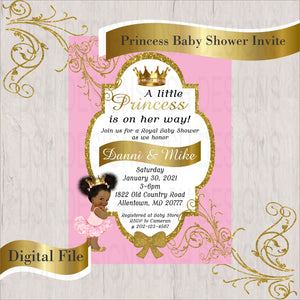 Pink & Gold Little Princess Baby Shower Invite, Curly Black