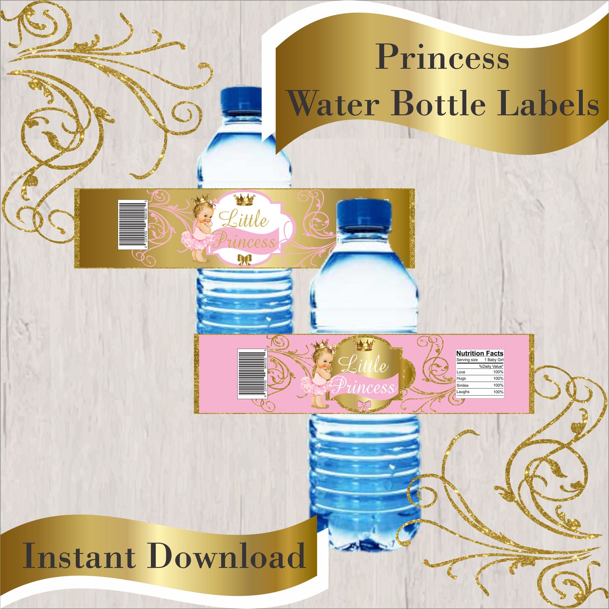 Princess Water Bottle Labels Printable Pink Polka Dots Stripes