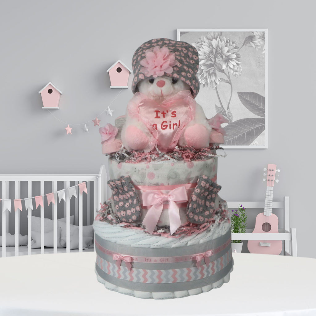 Pink & Gray Girl Diaper Cake Gift