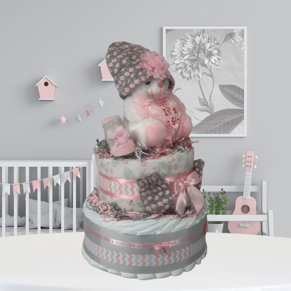 Pink and Gray Baby Shower Diaper Cake Gift for Girl