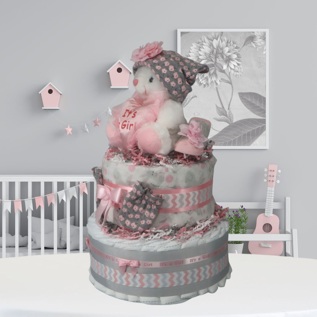 Pink and Gray Baby Shower Diaper Cake Gift for Girl