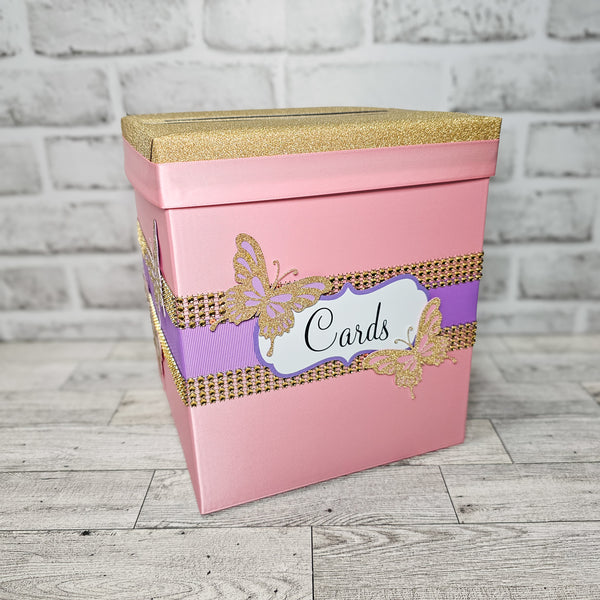 Butterfly Baby Shower Card Box, Pink, Lavender, Gold