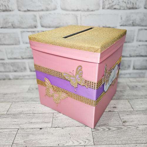 Butterfly Baby Shower Card Box, Pink, Lavender, Gold