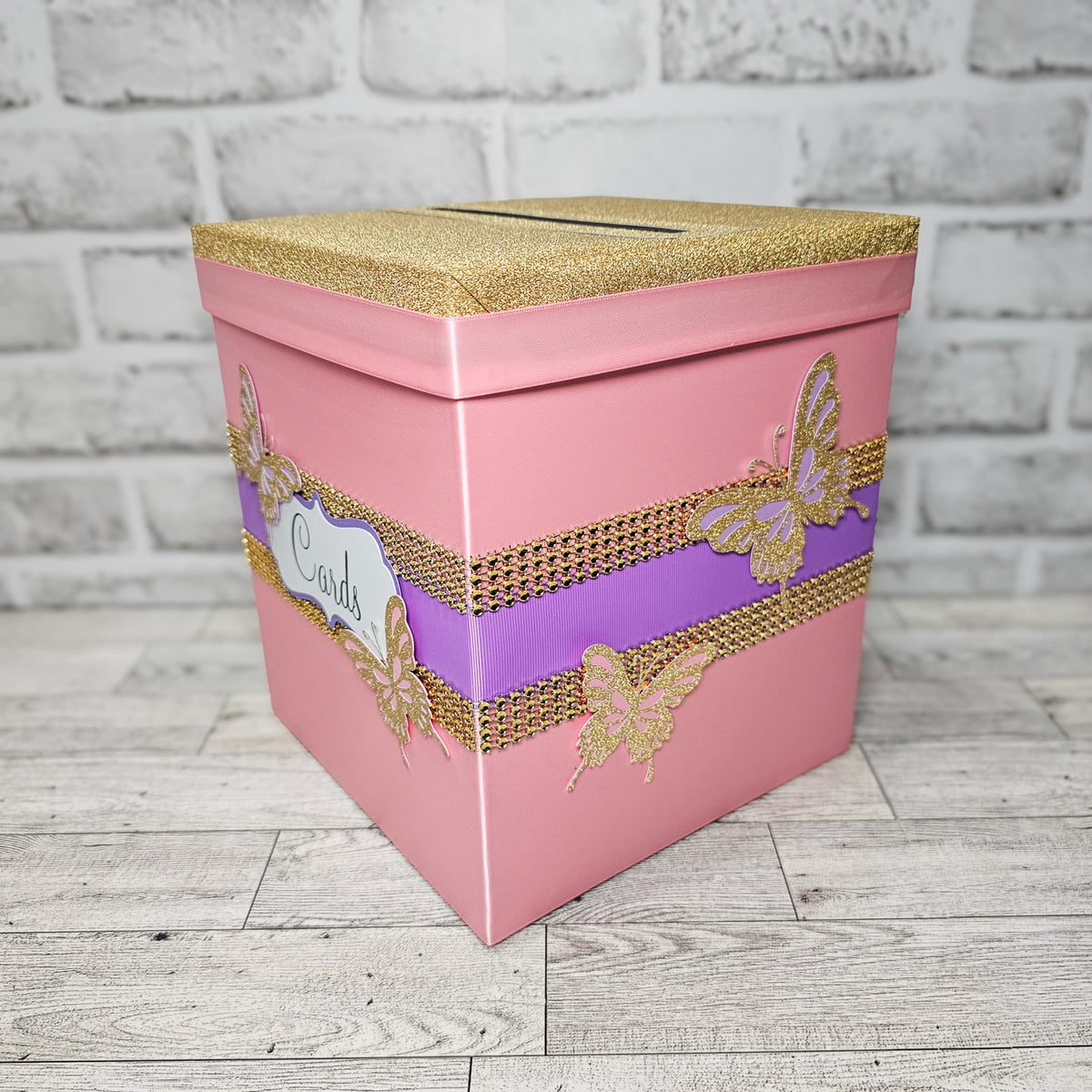 Butterfly Baby Shower Card Box, Pink, Lavender, Gold