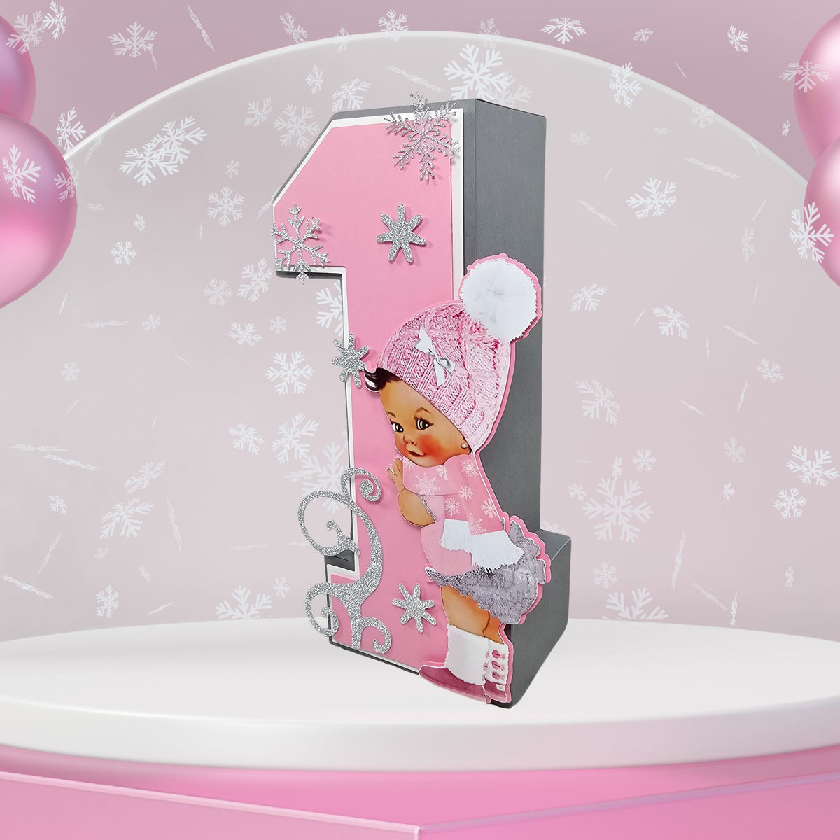 3D Birthday Number Block - Pink, Silver Winter